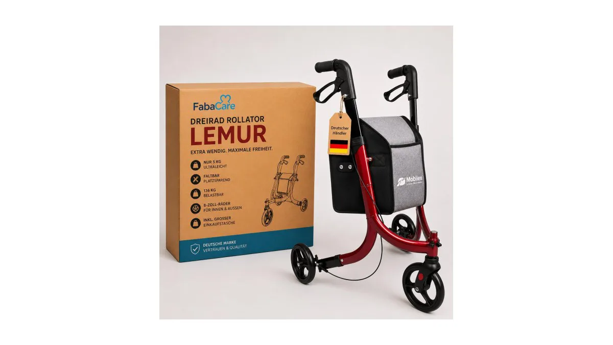 Faltbarer Dreirad‑Rollator Lemur in kompakter Ansicht, geeignet für enge Flure