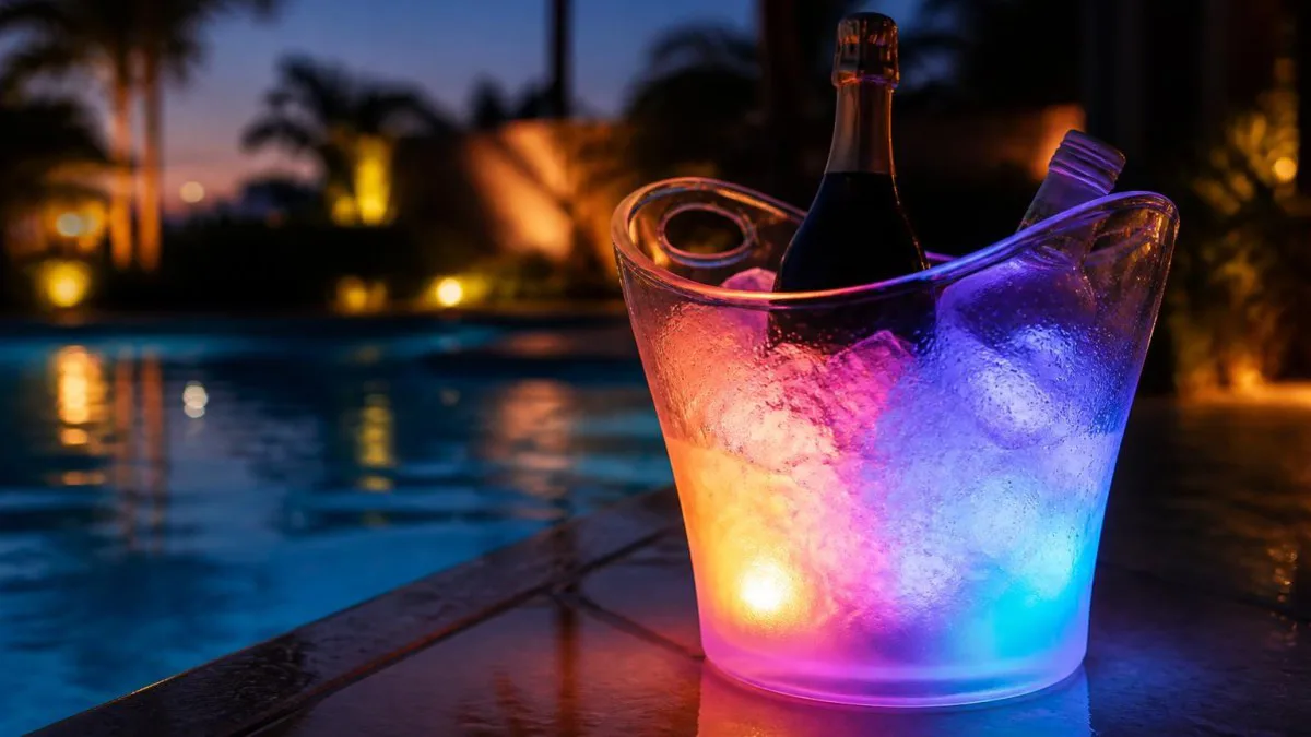 Multicolor LED Eiskübel am Poolrand bei Abenddämmerung