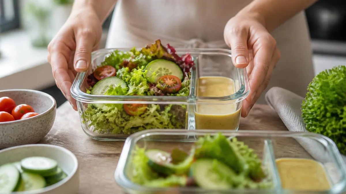 glasbehälter mit salat und getrennten fächern