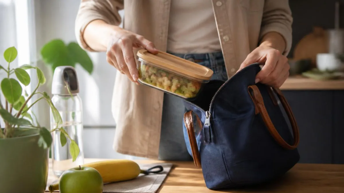 lunchpacken mit glasbehälter in tasche