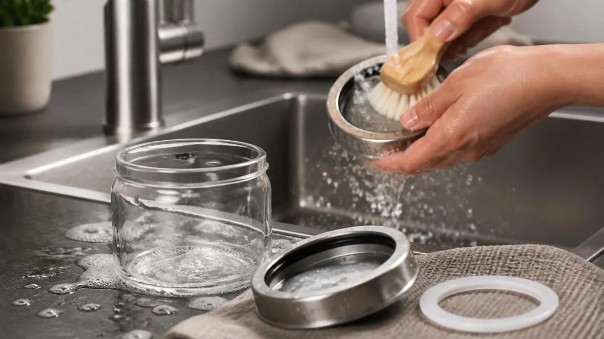 deckel mit entnommener dichtung neben glasbehälter wird gereinigt