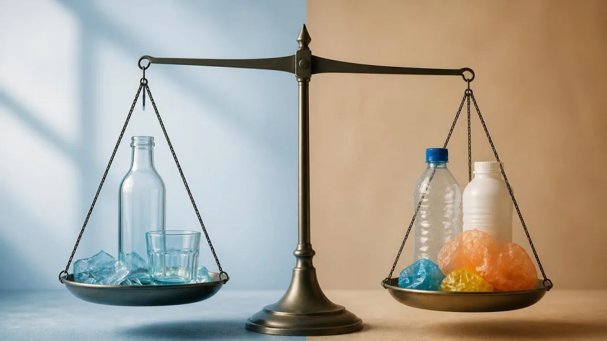 waage symbol glas gegen kunststoff