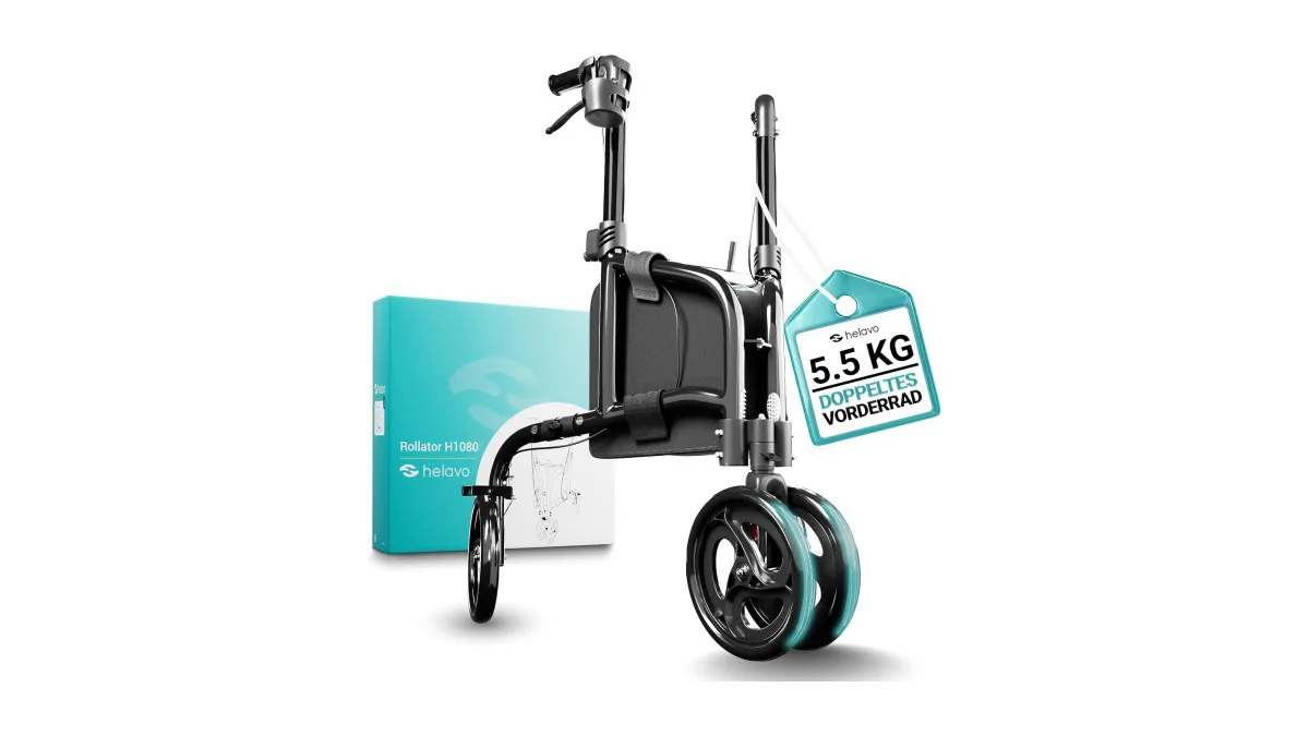 Helavo Dreirad‑Rollator mit doppelter Vorderradführung, eingesetzt im Flur