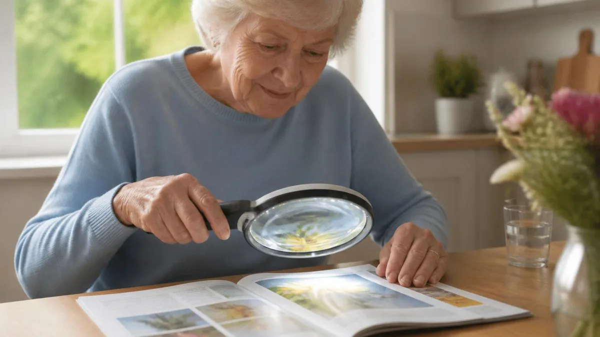 Seniorin am Tisch nutzt eine der großen Leselupen zum Lesen einer Zeitschrift