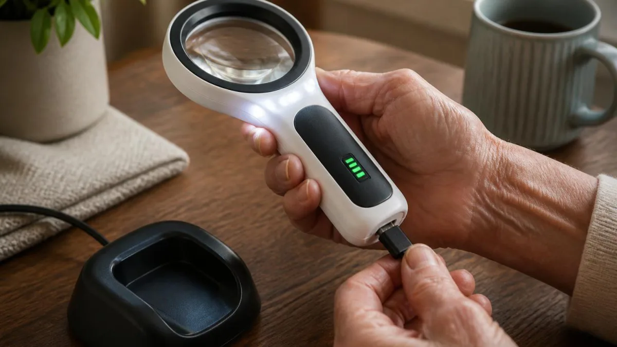 Hand schließt eine der aufladbaren Handlupen per USB an Ladegerät an