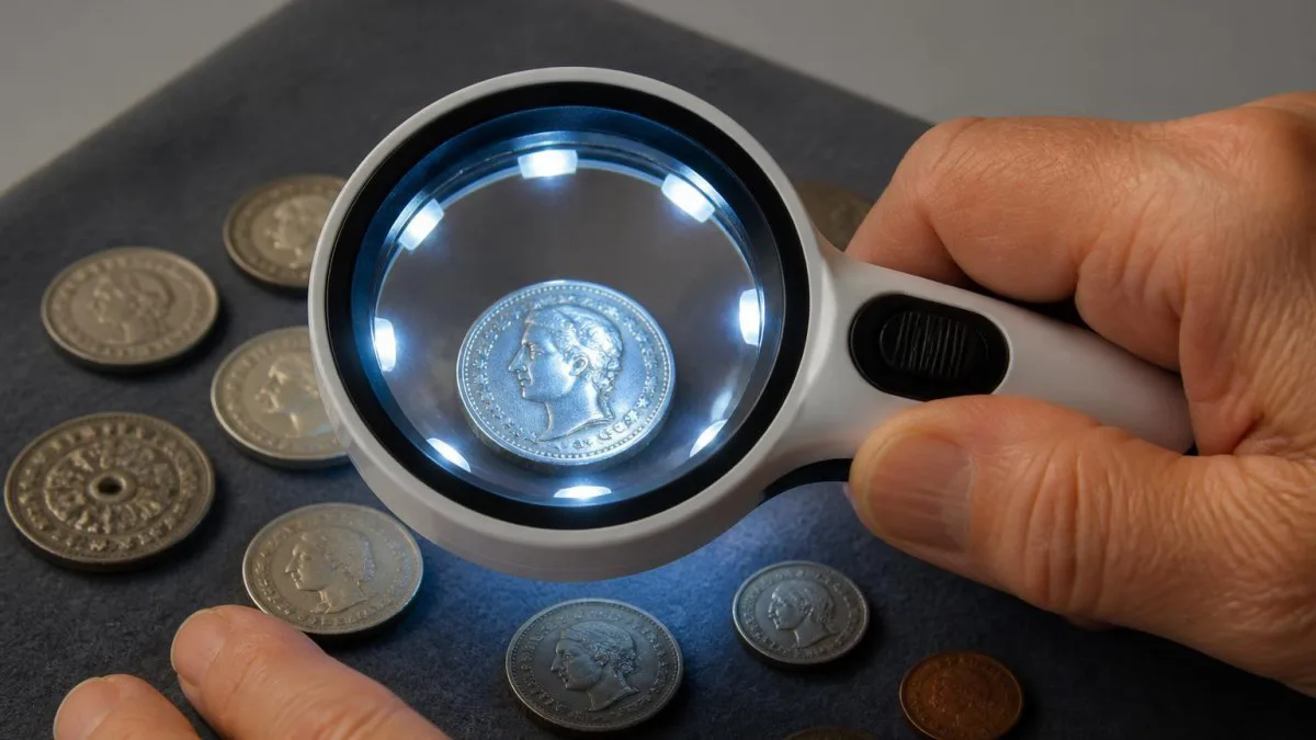 Leselupe mit LED-Beleuchtung beleuchtet Münze zur Detailprüfung