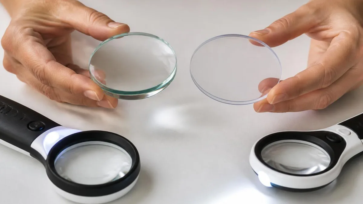 Hand zeigt Vergleich zwischen Glaslinse und Kunststofflinse