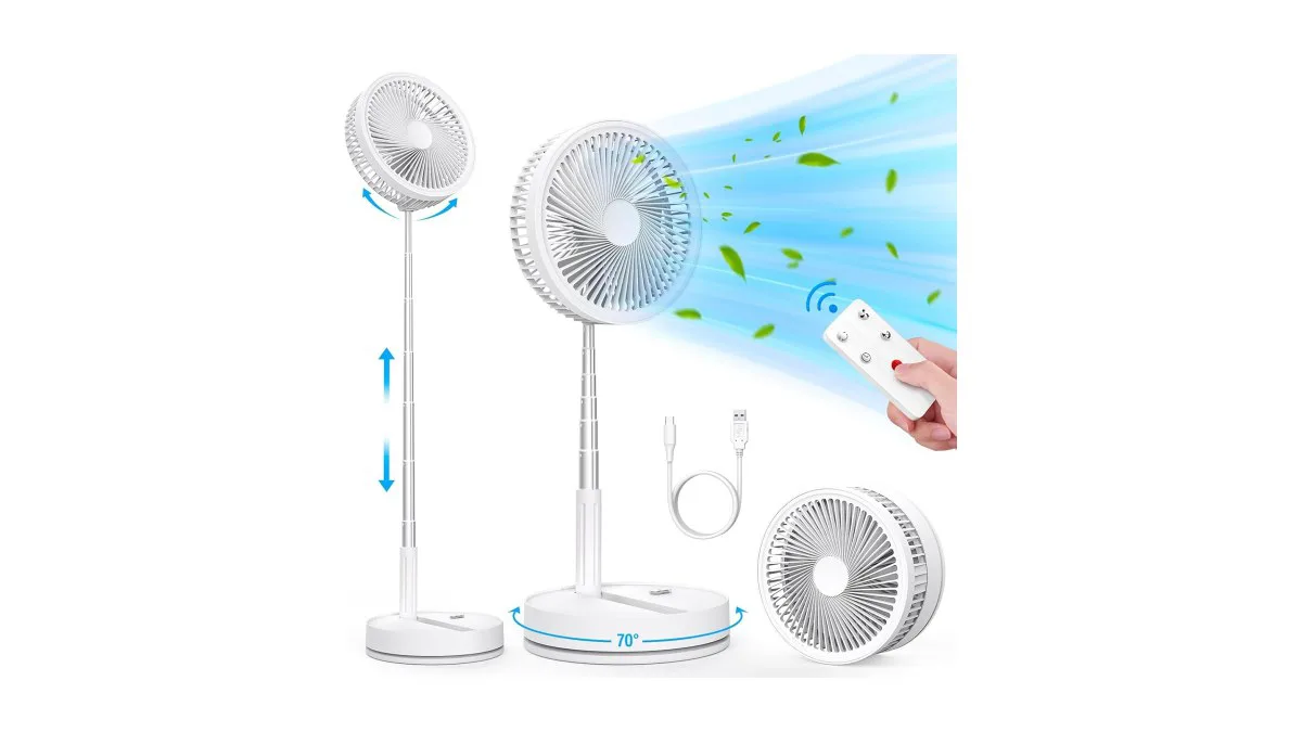 Tragbarer, faltbarer Akku‑Ventilator auf einem Picknicktisch