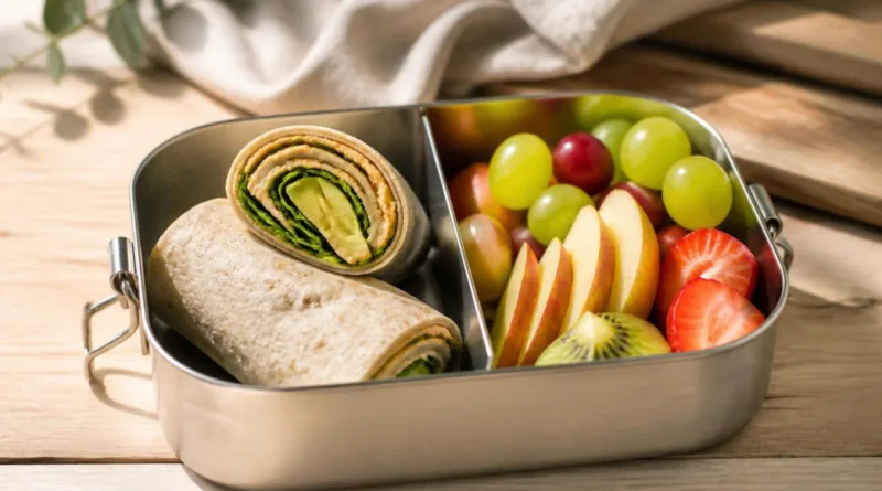 Stilvolle Lunchbox mit Sandwich und Obst auf Holztisch