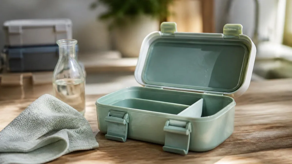 Geöffnete Lunchbox und Reinigungsutensilien