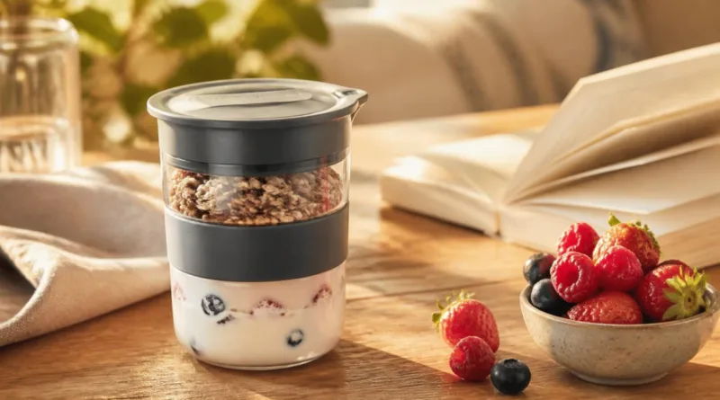 Moderner Müslibecher to go mit Früchten auf Frühstückstisch