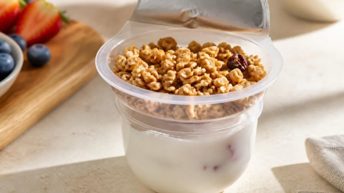 Geöffneter Müslibecher to Go mit getrenntem Fach und Müsli