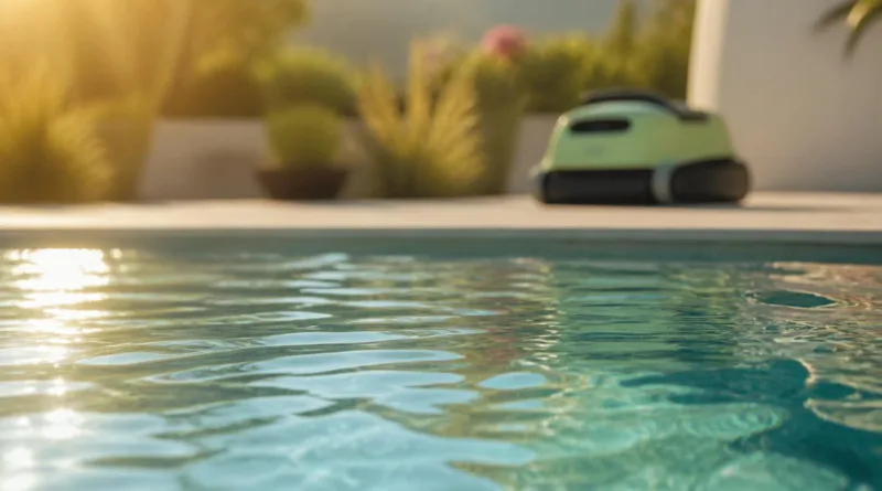 Sommerlicher Privatpool mit angedeutetem Akku‑Poolroboter