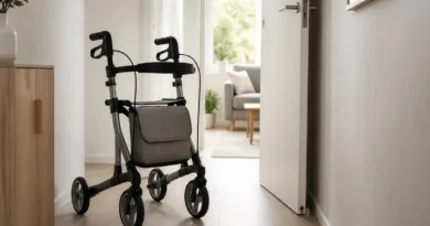 Wie ein schmaler 3‑Rad‑Rollator den Alltag in engen Wohnungen wirklich erleichtert Schmaler Dreirad‑Rollator im hellen Wohnungsflur, passend für enge Durchgänge
