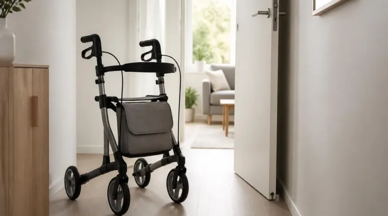 Schmaler Dreirad‑Rollator im hellen Wohnungsflur, passend für enge Durchgänge