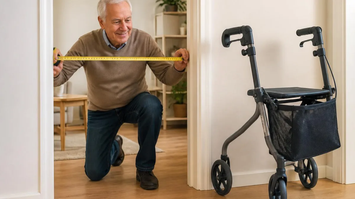 Senior misst Türbreite neben einem der schmalen Dreirad‑Rollatoren, um Durchgang zu prüfen