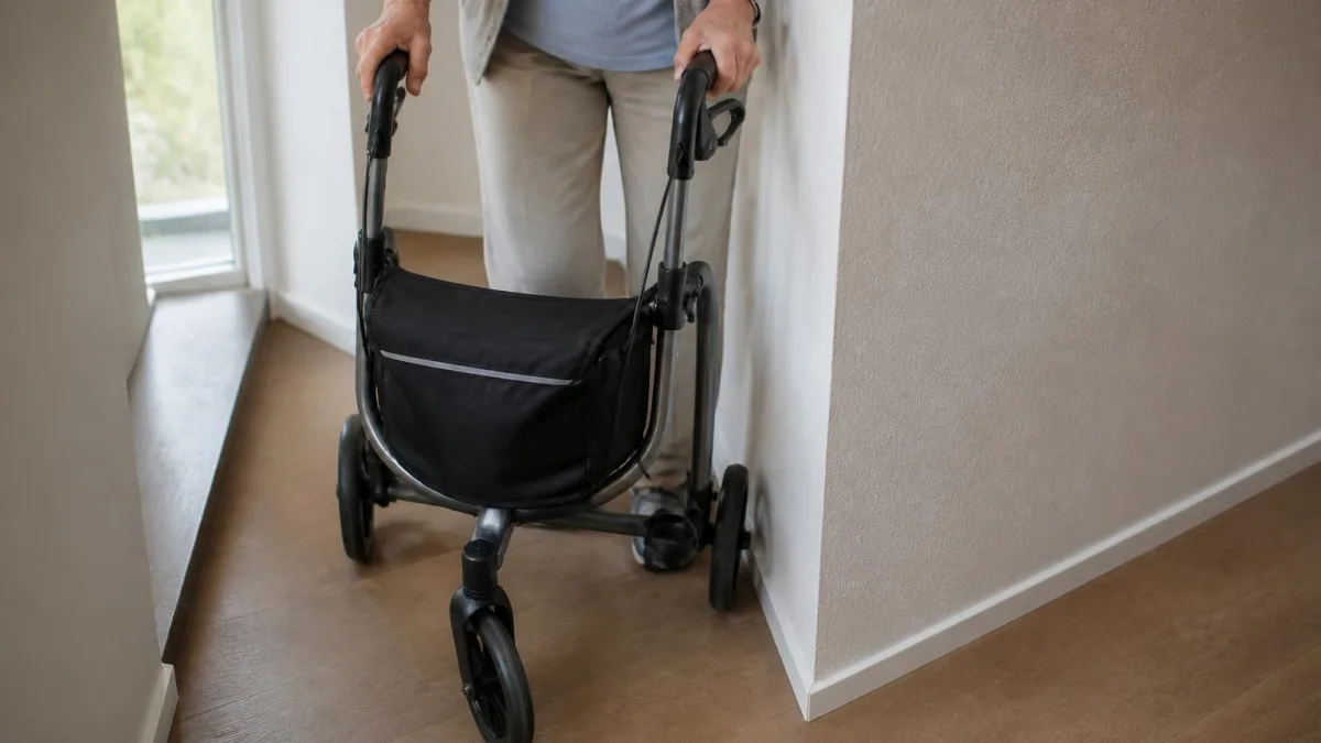 Dreirad‑Rollator beim Wenden um eine enge Flurecke, Vorderansicht der Lenkung sichtbar
