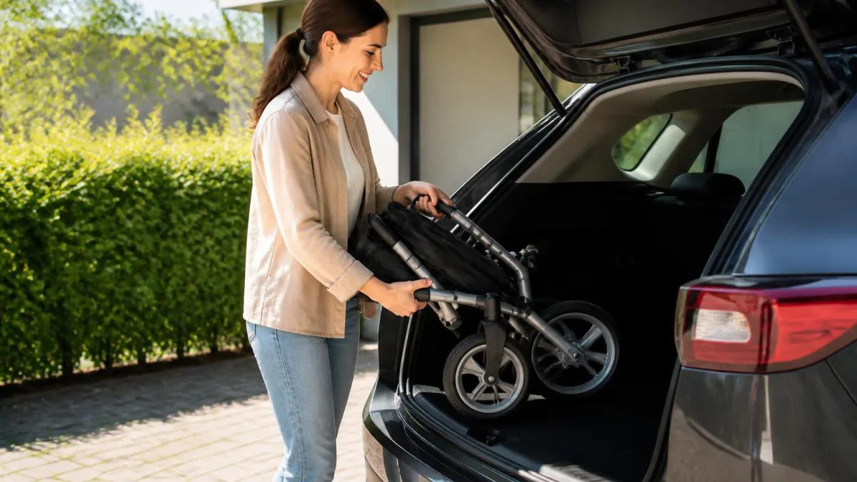 Zusammengeklappter Rollator wird von weiblicher Begleitung ins Auto gehoben