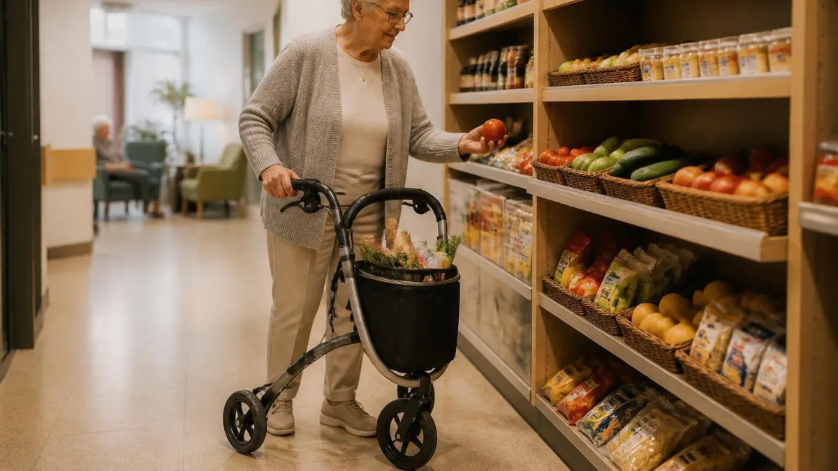 Dreirad‑Rollator mit Tasche vor Regal im Hausflur, zeigt Stauraum für Einkäufe