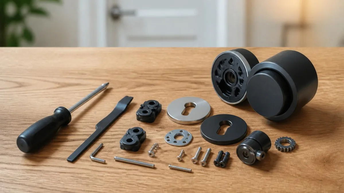 Werkzeuge und Smart Lock Ersatzteile auf Tisch