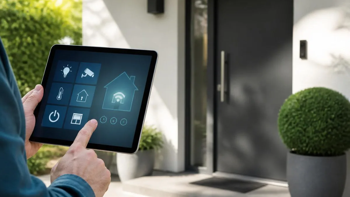 Smart Home Dashboard auf Tablet vor Haustür