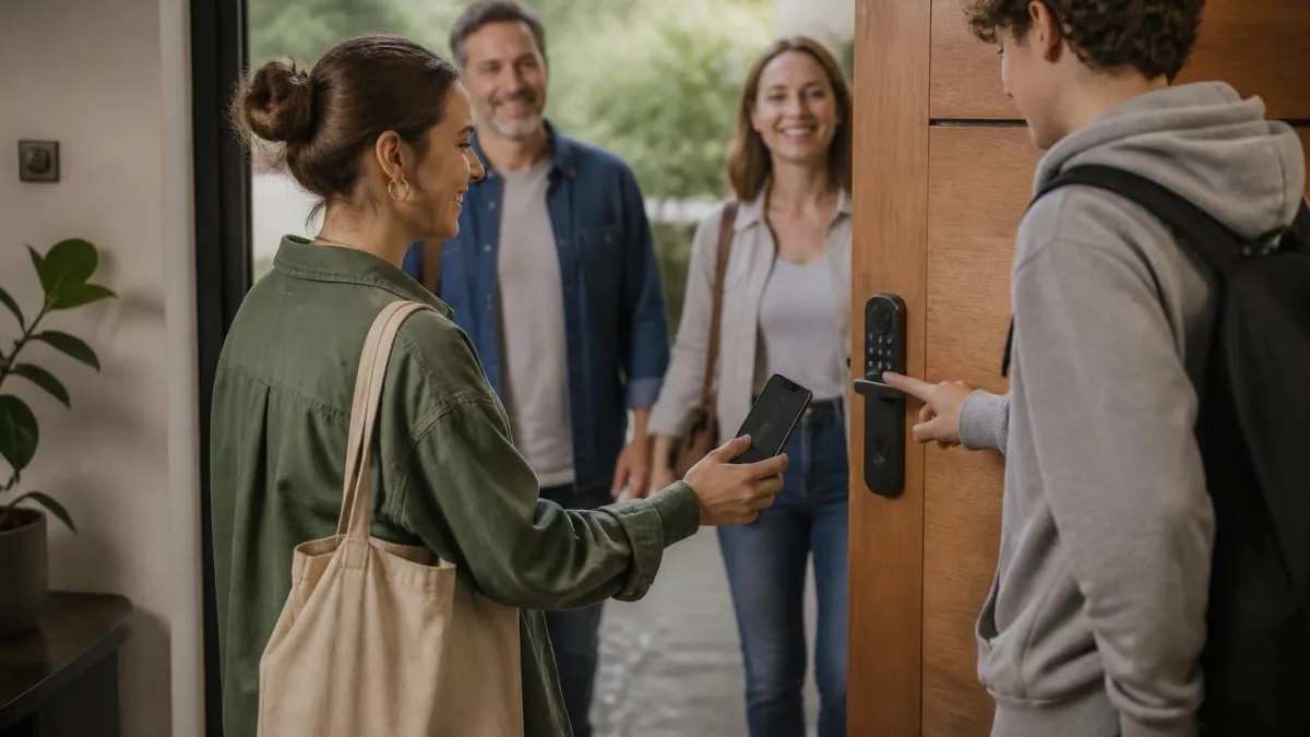 Menschen nutzen Smartphone und Keypad am Smart Lock