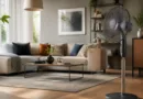Wohnzimmer mit laufendem Standventilator vor Sofa in natürlichem Tageslicht