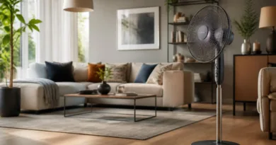 Stand‑Ventilator richtig benutzen: So kühlt er wirklich – und diese Fehler sollten Sie vermeiden Wohnzimmer mit laufendem Standventilator vor Sofa in natürlichem Tageslicht