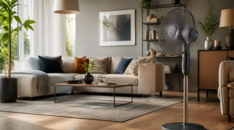 Wohnzimmer mit laufendem Standventilator vor Sofa in natürlichem Tageslicht
