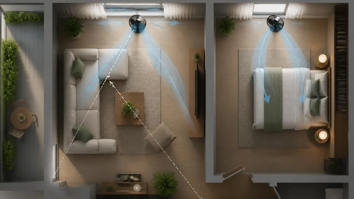 Skizze im Ratgeber: Grundriss mit empfohlenen Satnd-Ventilator-Positionen und Luftpfeilen