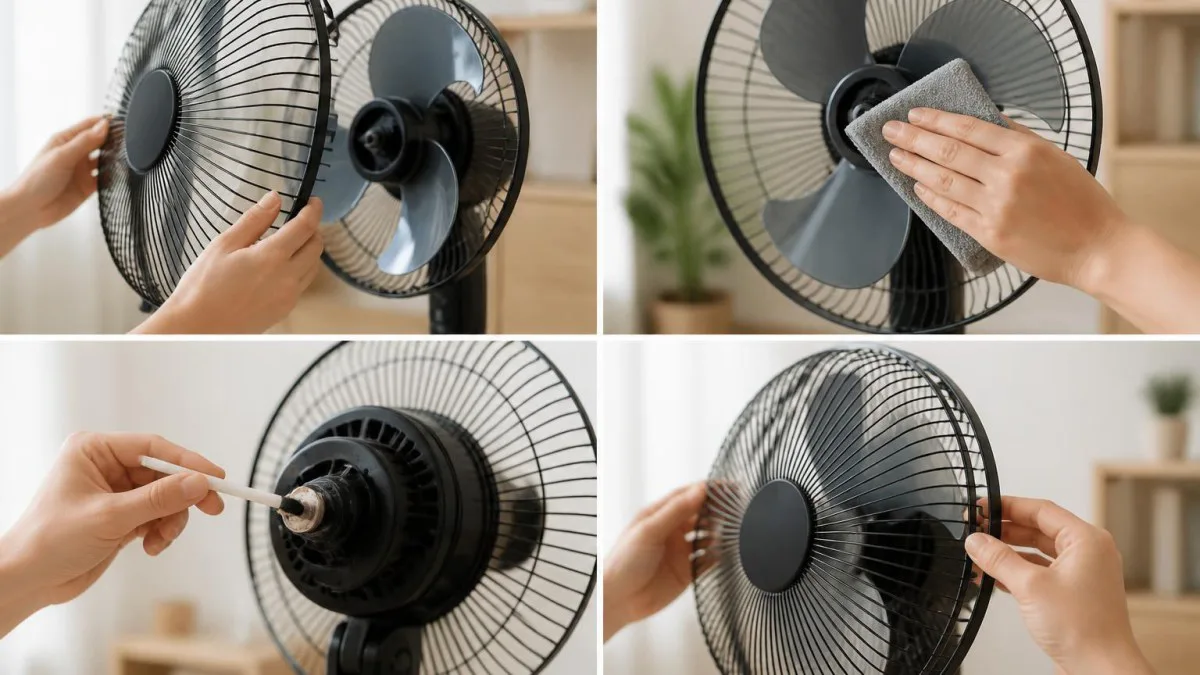 Vier-Schrittfotos: Gitter abnehmen, Rotorblätter reinigen, Nabe reinigen, Gerät wieder montieren