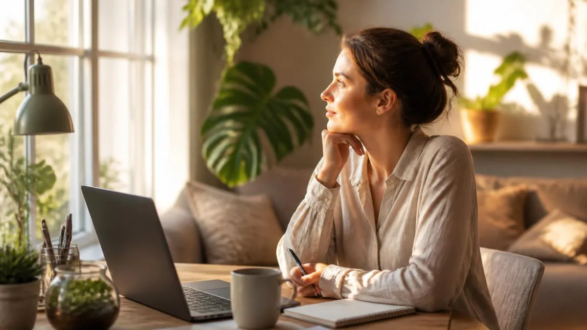eine Frau sitzt am Laptop und schaut aus dem Fenster