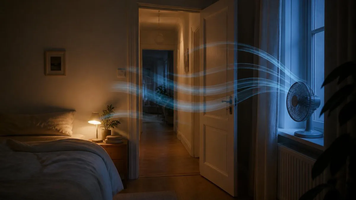 Praxisfoto: Ventilator vor offenem Fenster mit Luftpfeilen in einer kleinen Wohnung