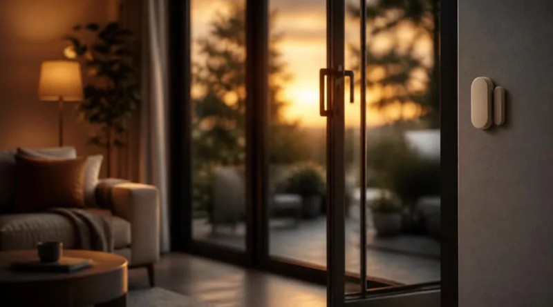 Offenes Terrassenfenster bei Abendlicht, symbolischer Tür- und Fenstersensor