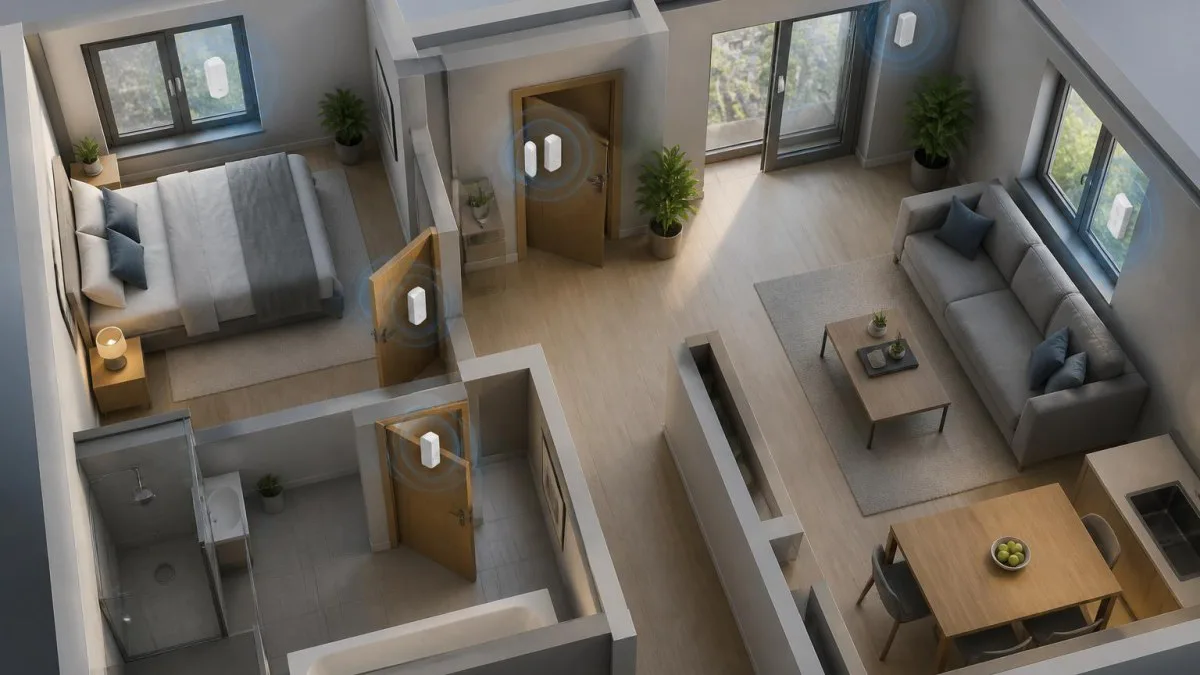 Mehrere Tür- und Fenstersensoren an Wohnungstüren und Fenstern