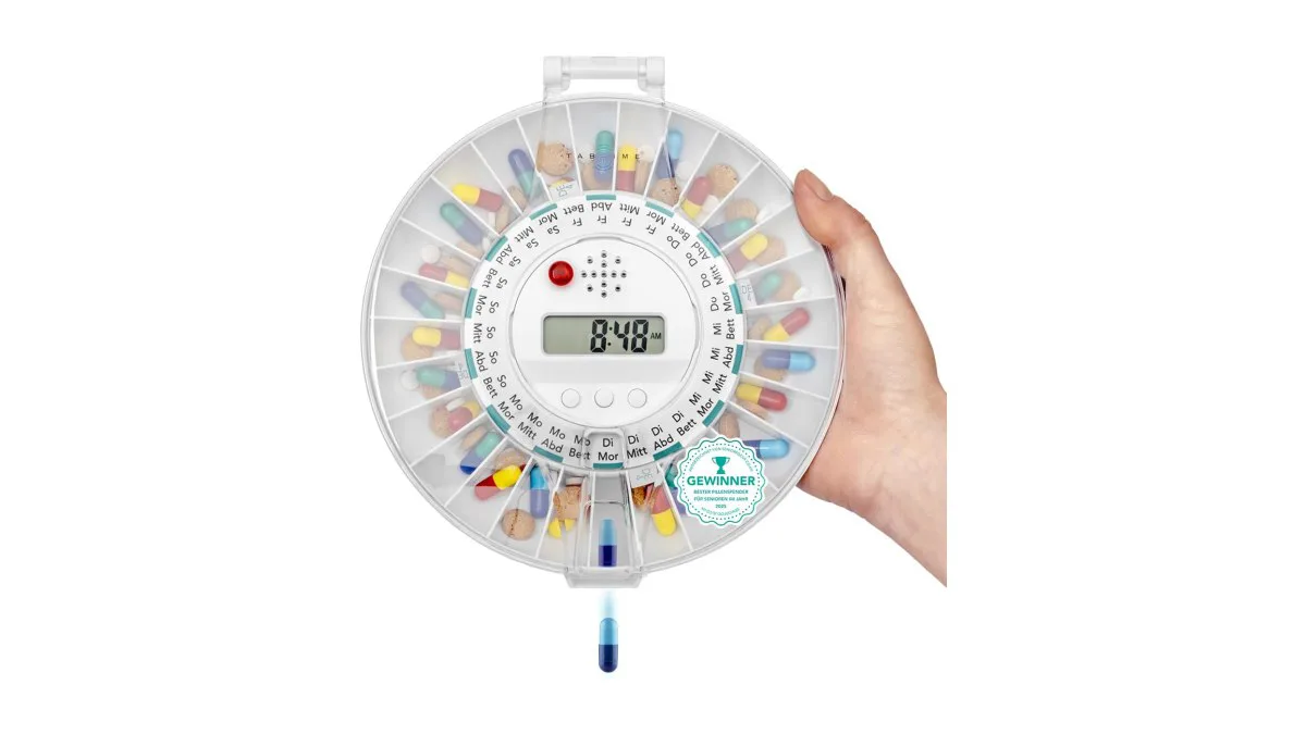TabTime Tablettenspender mit transparentem Deckel und Zeitschaltung