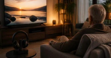 senior schaut fernsehen mit tv kopfhörern ladestation
