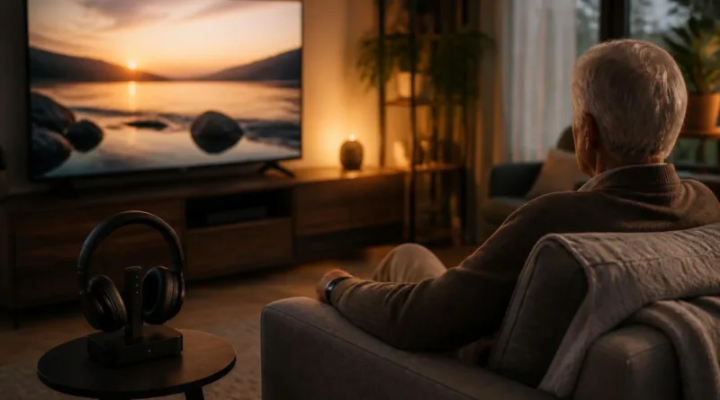 senior schaut fernsehen mit tv kopfhörern ladestation