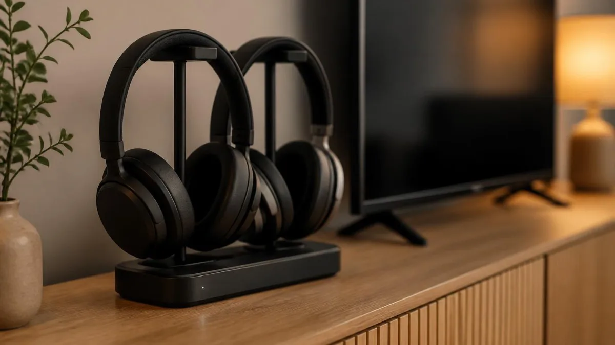 ladestation mit over ear kopfhörern neben fernseher