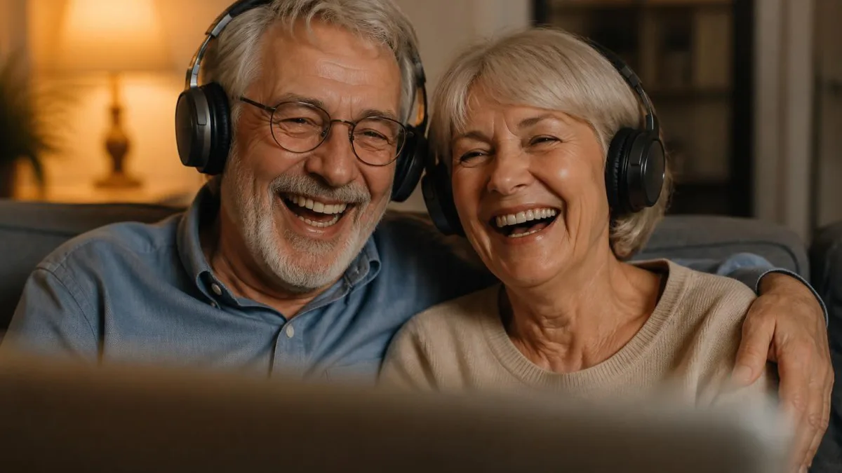 älteres paar trägt over ear kopfhörer beim fernsehen