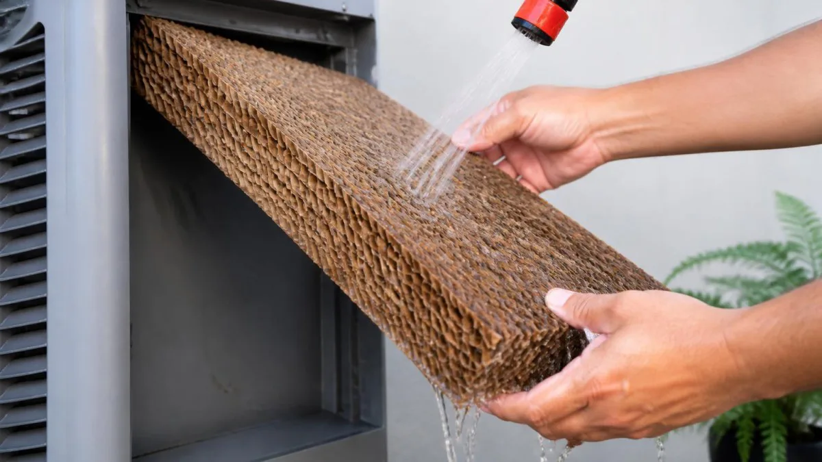 reinigung verdunstungsmatte unter fließendem wasser