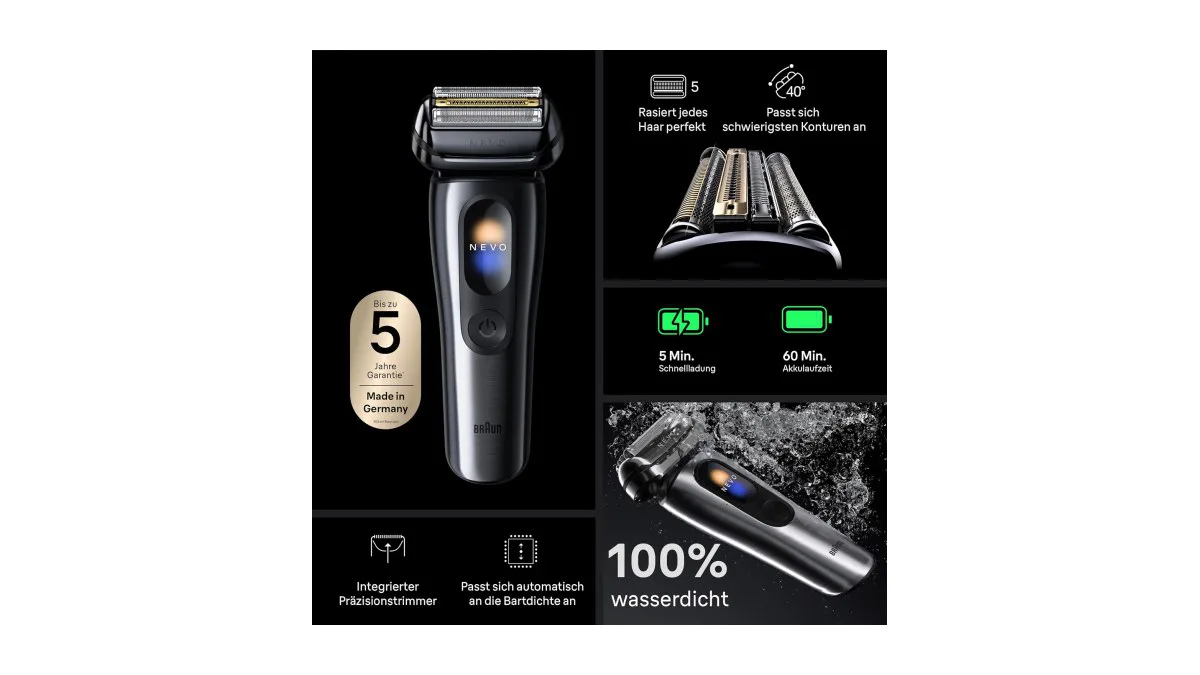 Braun NEVO Rasierer in Silber mit AeroTouch‑Scherelement und ergonomischem Griff – weitere Produktansicht 5