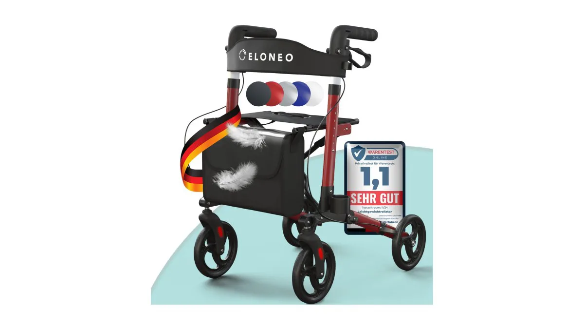 ELONEO Rollator, teilweise gefaltet, demonstriert 3‑fach Faltmechanik