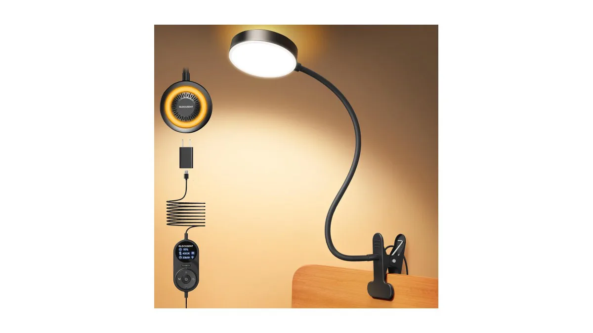 Glocusent 72 LED Klemmlampe mit Amber Nachtlicht und Timer, klemmbefestigt an Tischkante