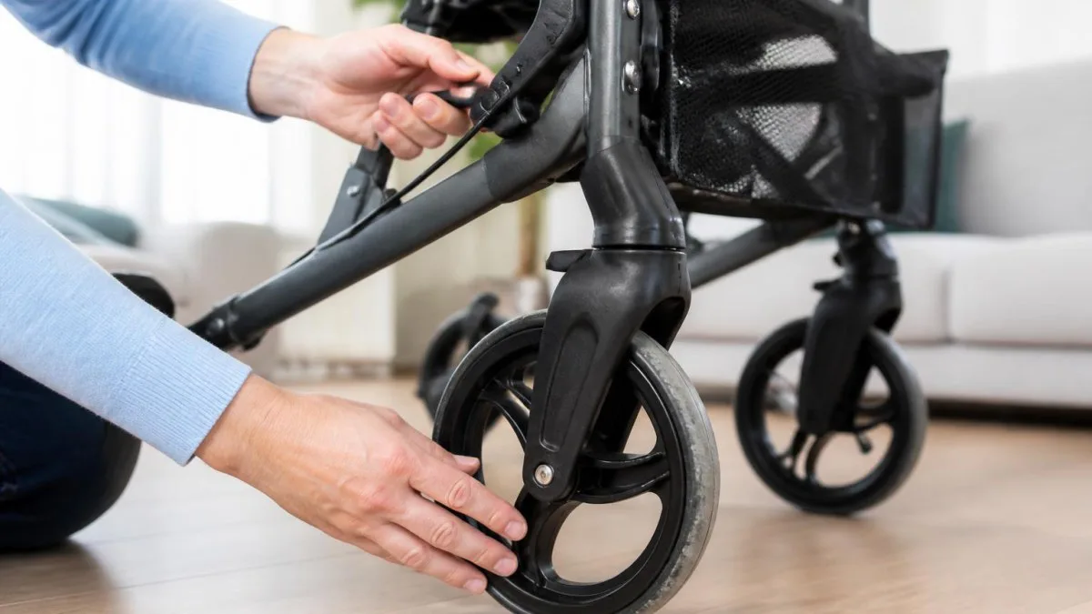 Hand kontrolliert Bremsen und Reifen eines Rollators auf Wohnzimmerboden