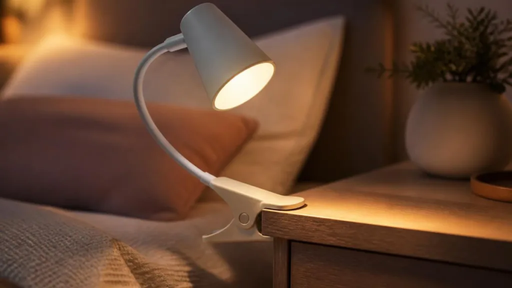 Moderne Klemmlampe an Nachttischkante mit warmem Leselicht