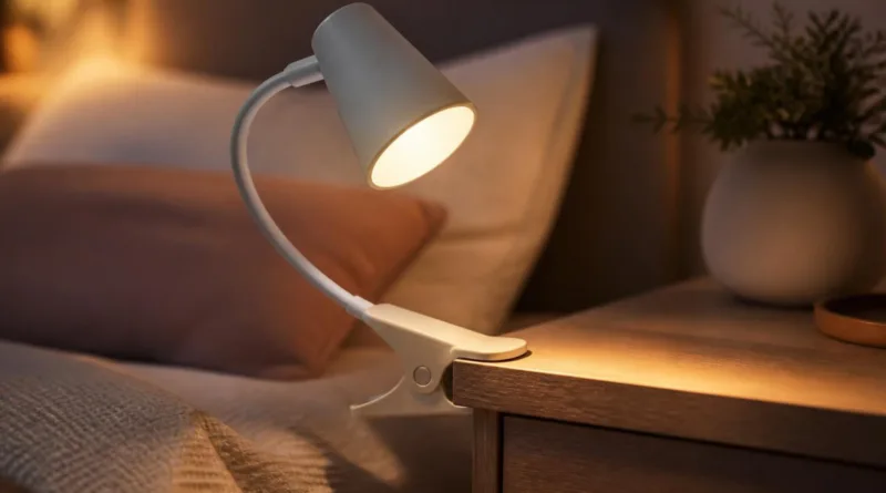Moderne Klemmlampe an Nachttischkante mit warmem Leselicht