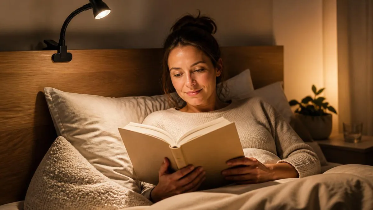 Klemmlampe am Bettkopfteil beleuchtet geöffnete Buchseiten, warme Lichtstimmung