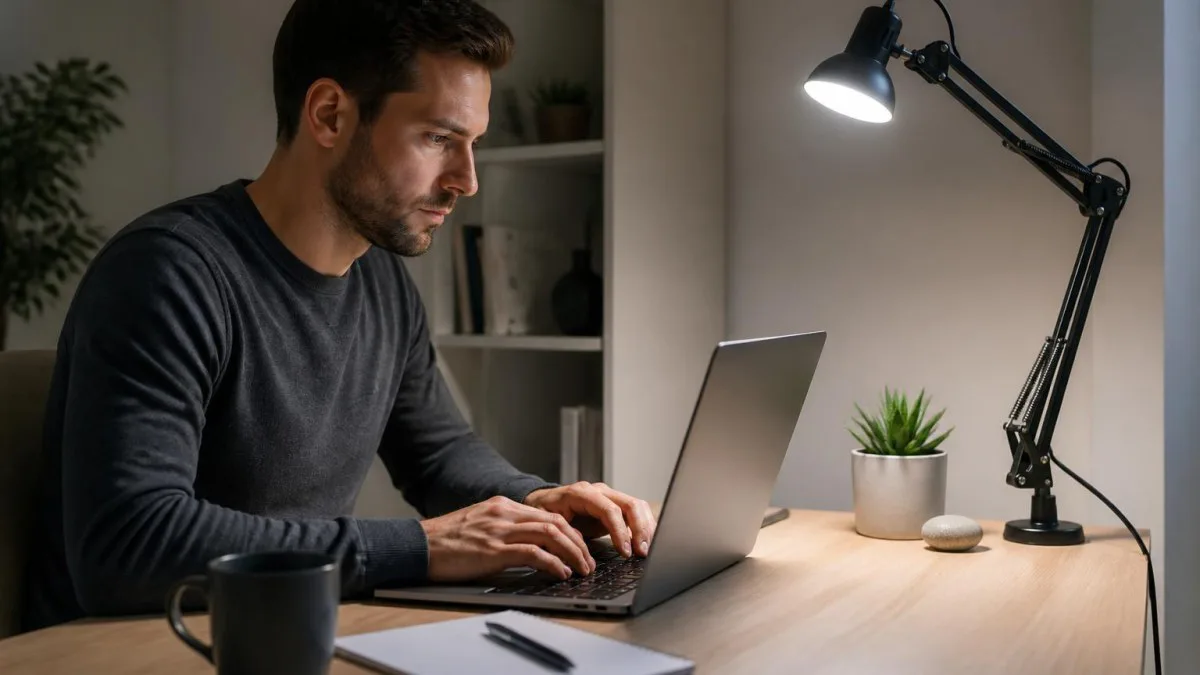Klemmlampe am Schreibtischrand beleuchtet Laptop und Notizen, neutralweißes Licht