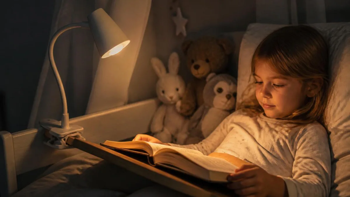 Klemmlampe am Kinderleseplatz mit Bernsteinnachtlicht und Kuscheltieren
